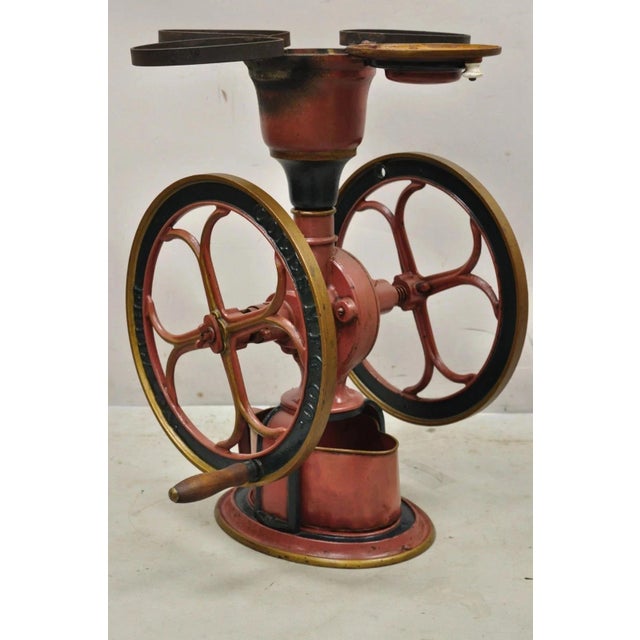 Antique Coles Mfg Co. Cast Iron Red & Green Victorian Large Coffee Mill Grinder. Item features a large impressive size,...