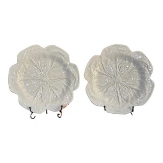 1980s Bordallo Pinheiro White Ceramic Cabbage Leaf Plates - Set of 2 For Sale