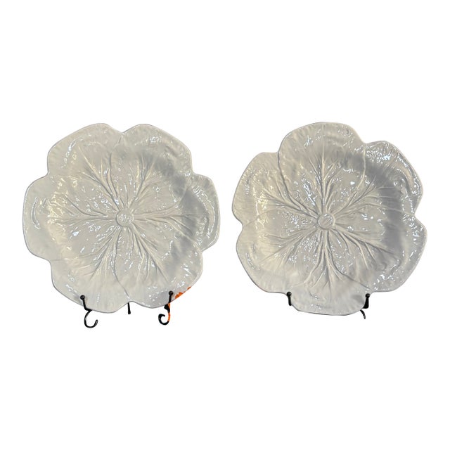 1980s Bordallo Pinheiro White Ceramic Cabbage Leaf Plates - Set of 2 For Sale