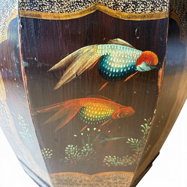 Mid 20th Century Unusual Kitten & Goldfish Octagonal Rice Barrel Hand-Painted Lacquer Wood 17.5" For Sale In Austin - Image 6 of 18