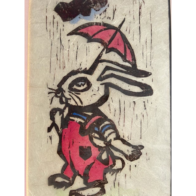 Vintage Framed Woodcut Print of Bunny Rabbit in Rain For Sale - Image 4 of 6