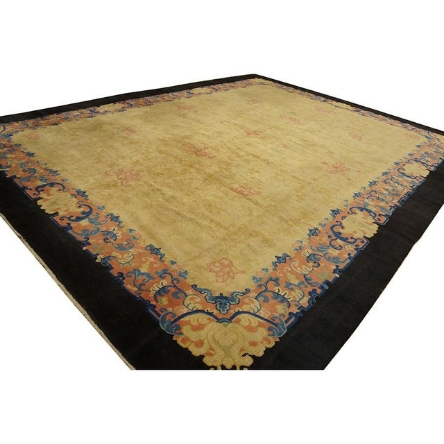 1920s Beige Open Field Floral Antique Chinese Peking Knotted Wool Room Size Rug For Sale - Image 11 of 12