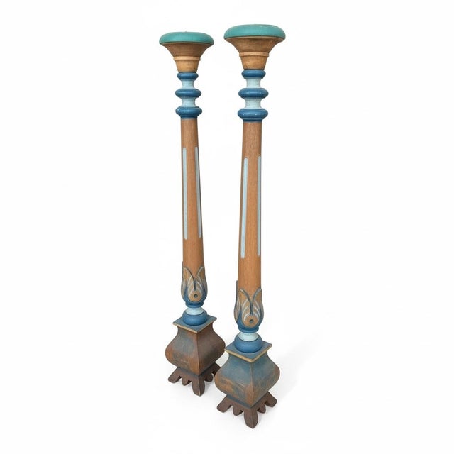 Italian Mid-Century Neo-Classical Polychrome Wood Pricket Candlesticks Candle Stands - Pair For Sale - Image 4 of 6