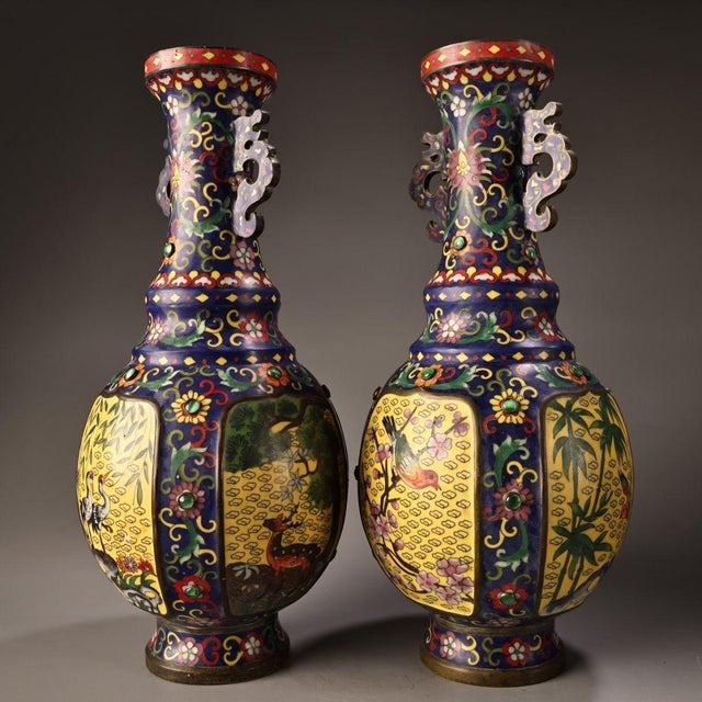 Pair of Large Vintage Cloisonné Enamel Panel Vases With Handles | Chairish
