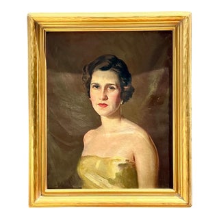 Vintage Oil Portrait of Woman in Gold Dress For Sale