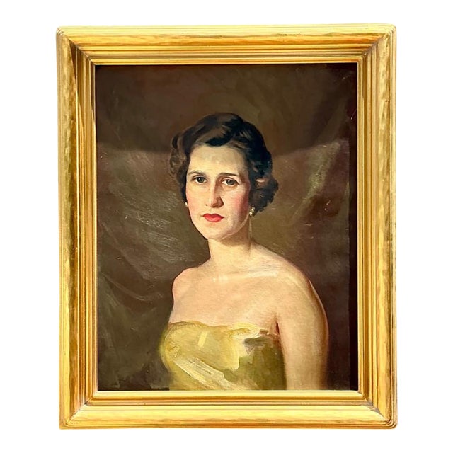 Vintage Oil Portrait of Woman in Gold Dress For Sale