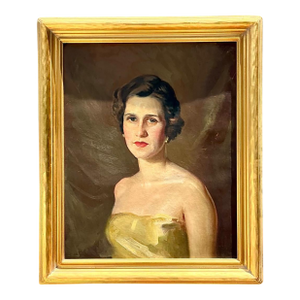 Vintage Oil Portrait of Woman in Gold Dress