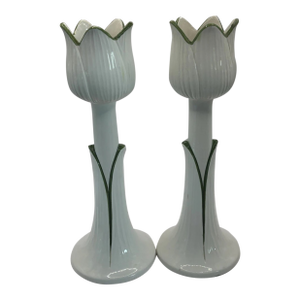 Vintage White and Green Hand Painted Tulip Candle Holders Made in Italy-Pair