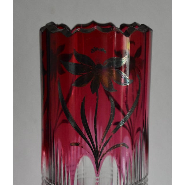 Vintage Clear Crystal Vase Bohemian Ruby Cut Cylinder Etched Silver Overlay For Sale In Philadelphia - Image 6 of 15