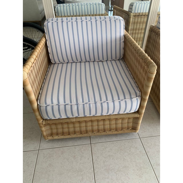 Contemporary Pacifica Swivel Chairs From Serena and Lily in Rattan With Blue and White Striped Cushions For Sale - Image 3 of 3