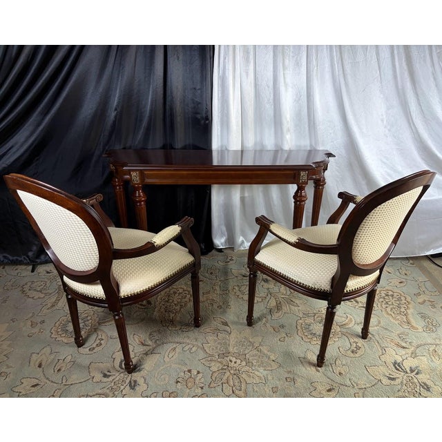 Late 20th Century The Executive’s Alcove: Neoclassical Writing Console & Medallion Armchair Suite — 3 Pieces For Sale - Image 4 of 14