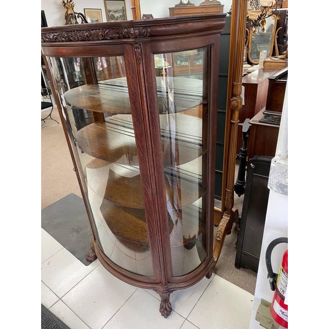 Antique Tiger Oak Curio Cabinet, 4 Shelves, Glass Door, Hand Carved Wood For Sale - Image 4 of 11