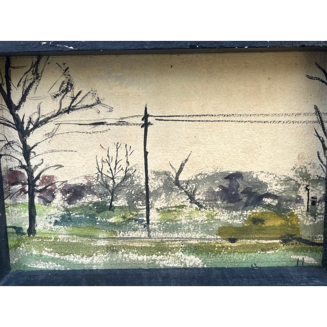 American School 1940s watercolor in an elaborate original period shadow box frame. The watercolor shows a car speeding...