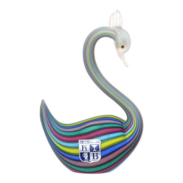 Murano Fratelli Toso Vintage Rainbow Colors Filigrana Ribbons Italian Art Glass Satin Surface Swan Figurine For Sale
