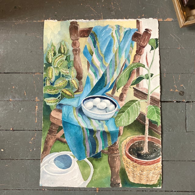 1970s 1970’s Vintage Original Watercolor Still Life Painting Interior Scene For Sale - Image 5 of 5