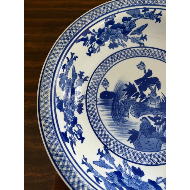 Ceramic Late 20th Century Chinoiserie Blue and White Porcelain Large Decorative Bowl For Sale - Image 7 of 9