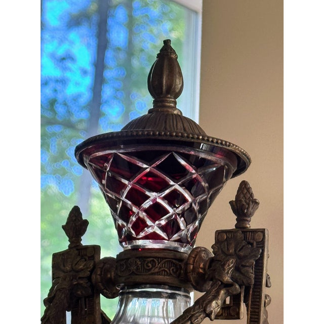 Tall Statement Antique Ruby Cut to Clear Crystal Lidded Urn With Second Empire Style Bronze Mounts For Sale - Image 16 of 18