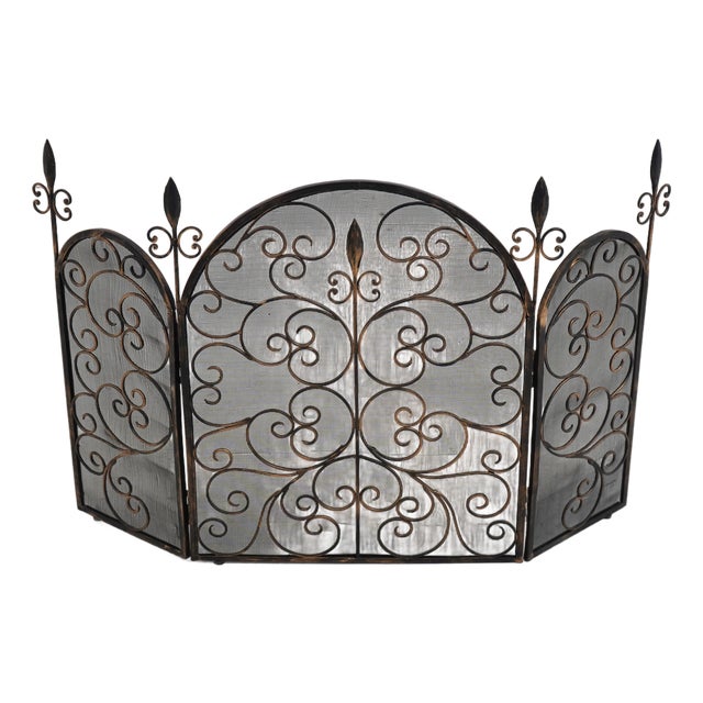 French Country Wrought Iron 3 Panel Firescreen For Sale
