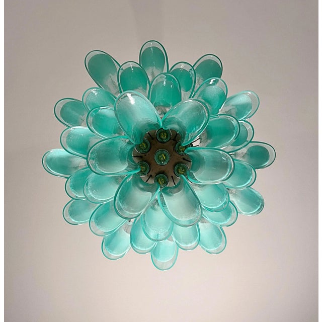 Italian Murano Style Chandelier, 36 Lattimo Turquoise Glass Petals, Mazzega Style For Sale - Image 10 of 12