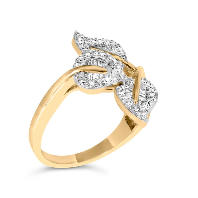 Contemporary 18K Yellow Gold Plated .925 Sterling Silver 1/2 Cttw Baguette and Round Diamond Bypass Triple Leaf R For Sale - Image 3 of 7