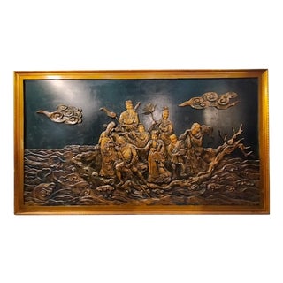 Chinese Artist, Large Lacquered and Carved Bas-Relief, Early 1900s, Carved Wood For Sale