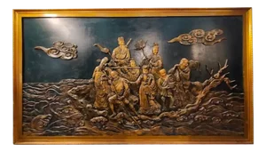 Chinese Artist, Large Lacquered and Carved Bas-Relief, Early 1900s, Carved Wood