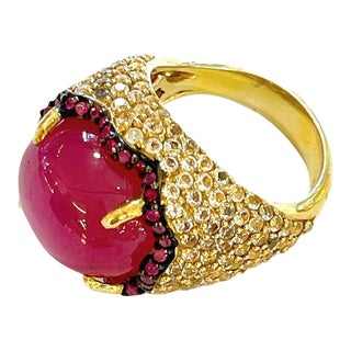 Bochic “Flamenco” Ruby & White Zircon 18k Gold & Silver Cocktail Ring Size 8.5 For Sale