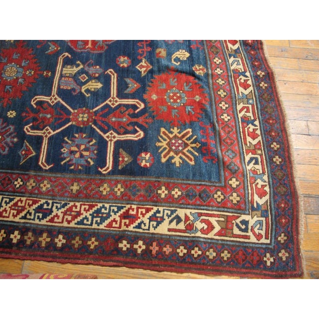 1880s Blue Geometric Tribal Antique Caucasian-Zeychor Rug 5'10" X 12'0" Handknotted Wool Carpet For Sale - Image 4 of 4