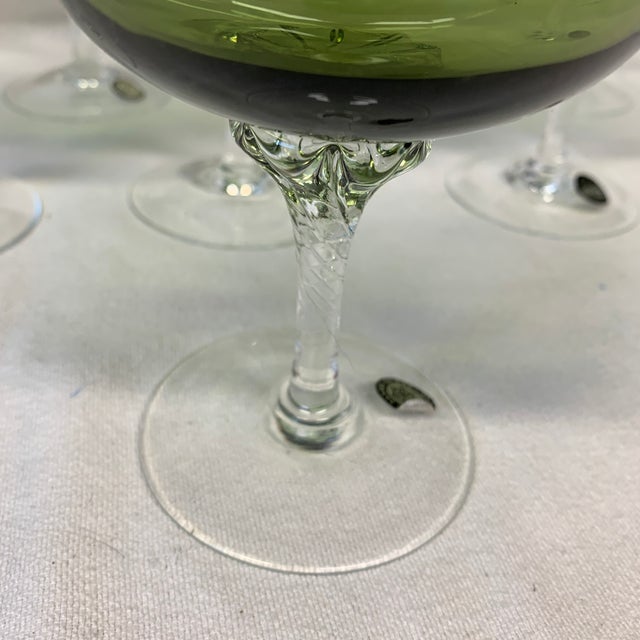 Mid-Century Modern Vintage Sasaki Hand Blown Avocado Green Champagne Goblets - Set of 8 For Sale - Image 3 of 4