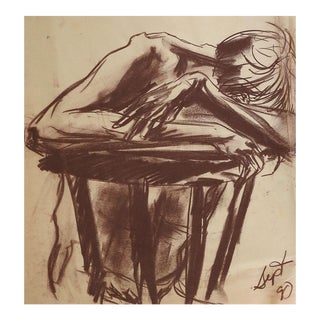 Vintage Distressed Sepia Charcoal Male Nude Study Drawing For Sale