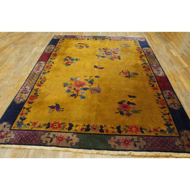 1920s 1920s Yellow Florid Antique Chinese Art Deco Carpet 7'2" X 9'10" Handknotted Rug For Sale - Image 5 of 9
