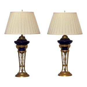 Pair of 1920s Gilt Bronze and Cobalt Blue Neoclassical Lamps