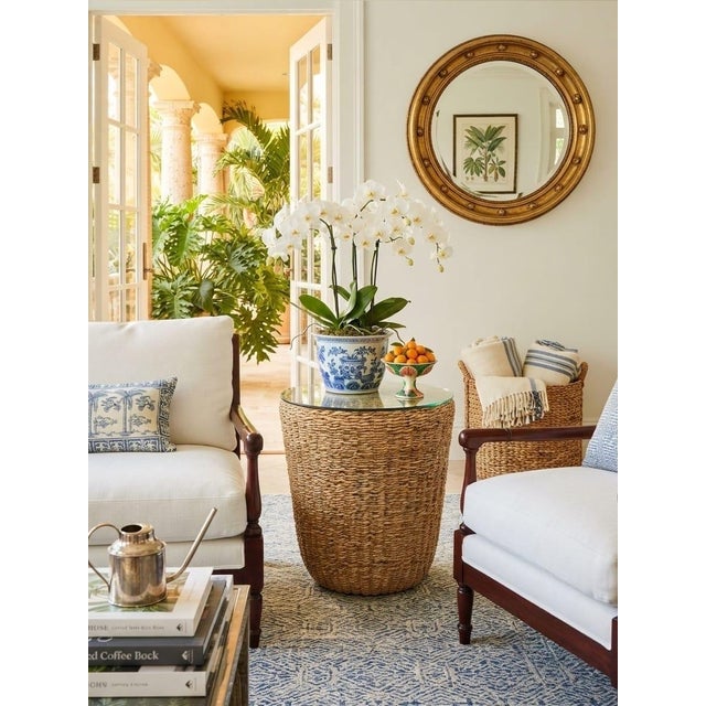 Handcrafted Woven Seagrass Drum Side Table With Glass Top For Sale - Image 11 of 12