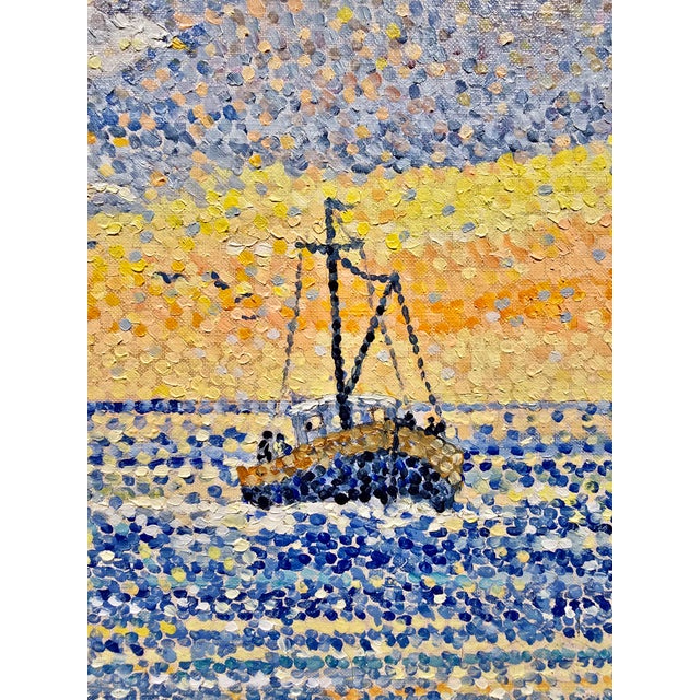 Yvonne Canu –Seagulls at Sunset (Les Mouettes)- French Pointillist Seascape-Oil Painting For Sale - Image 10 of 12
