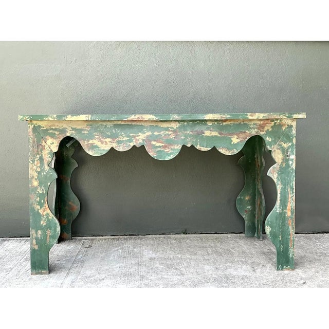 Vintage Distressed Scalloped Green Wood Table For Sale - Image 11 of 14