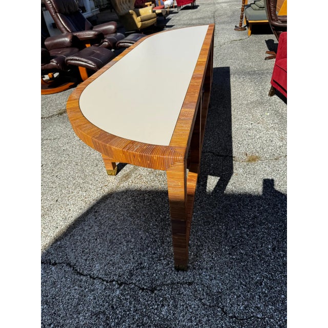 Vintage Demilune Laminate Top Rattan and Brass Console Table For Sale In Houston - Image 6 of 7