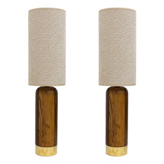 Mid-Century Modern Style Italian Wooden and Brass Table Lamps, 1990, Set of 2 For Sale