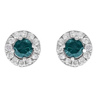 .925 Sterling Silver 1/2 Cttw Blue Diamond Halo Stud Earrings, Pair For Sale