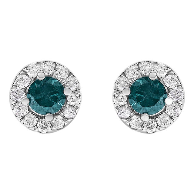 .925 Sterling Silver 1/2 Cttw Blue Diamond Halo Stud Earrings, Pair For Sale