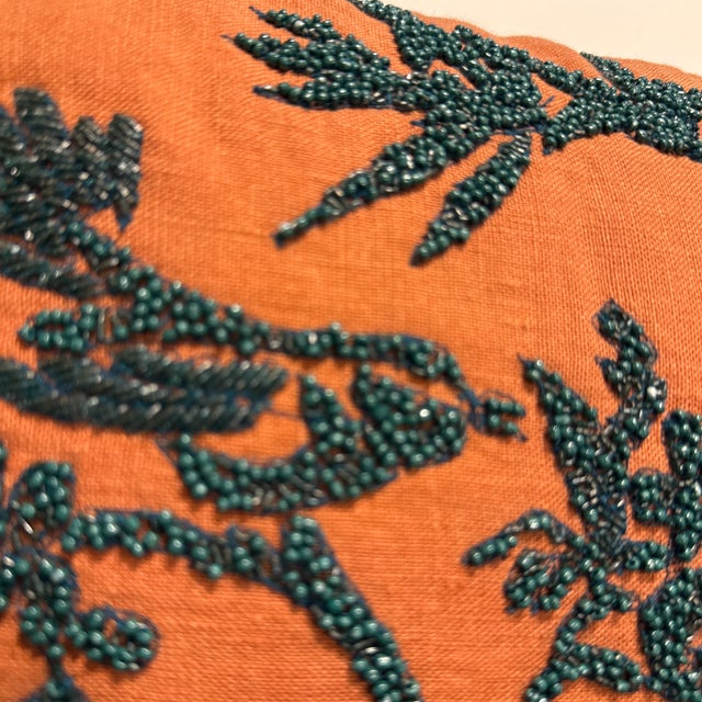 Orange + Dark Green Embroidered Lumbar Pillow For Sale - Image 10 of 12