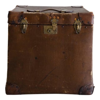 Vintage Canvas Square Trunk, Brass Hardware & Leather Handles For Sale