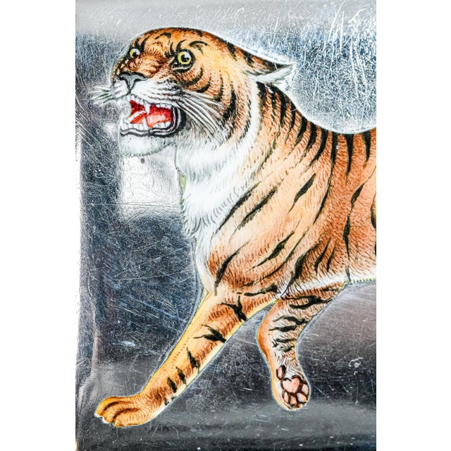 Art Deco Fierce Hand Painted Enamel Tiger Antique Sterling Silver Luxury Cigarette Case Holder Tobacciana For Sale - Image 3 of 18