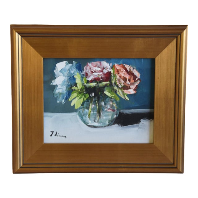 Colorful Mixed Bouquet of Flowers Oil Painting Including the Antiqued Gold Wood Frame For Sale