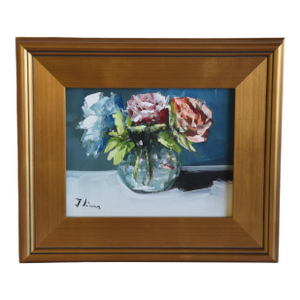 Colorful Mixed Bouquet of Flowers Oil Painting Including the Antiqued Gold Wood Frame