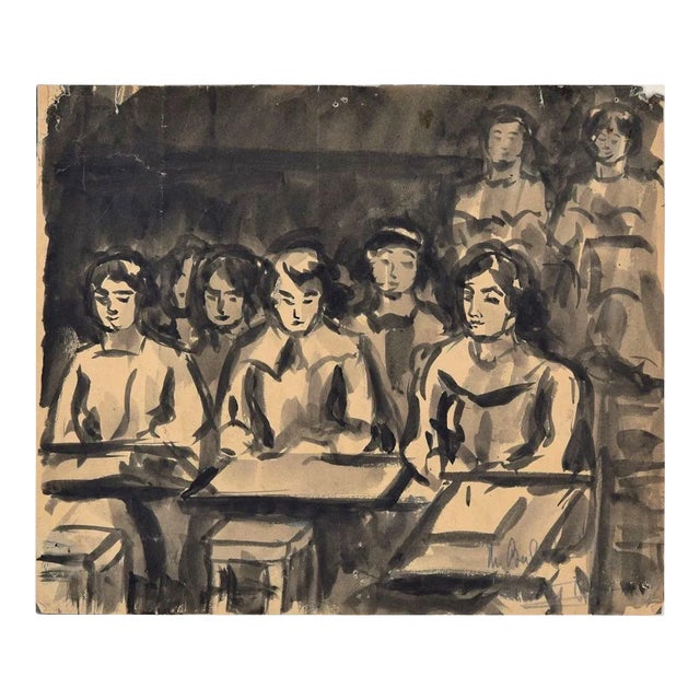 Schoolgirls - Ink and Watercolor Drawing - 1940 ca. 1940 ca. For Sale
