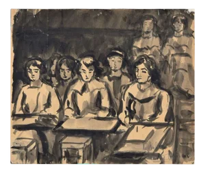 Schoolgirls - Ink and Watercolor Drawing - 1940 ca. 1940 ca.