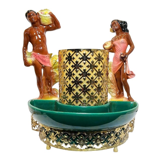 Mid 20th Century Mid-Century Hawaiian Themed Brass & Ceramic Tv Lamp & Planter by Sierra Columbia For Sale