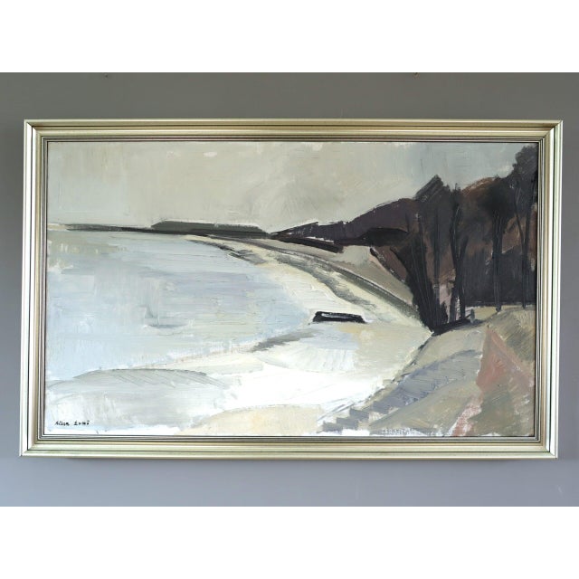 STILL COAST Size: 18.1 x 28.3 inches (including frame) Oil on canvas A calm and meditative mid-century modernist coastal...