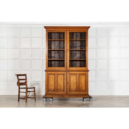 Wood Large Antique English Oak Glazed Bookcase Cabinet, 1880 For Sale - Image 7 of 18