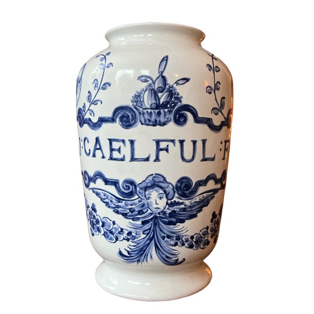 Ceramic 1980s Hand Painted Blue and White Azulejos Delft Apothecary Jar Vase Portugal a Pair For Sale - Image 7 of 9